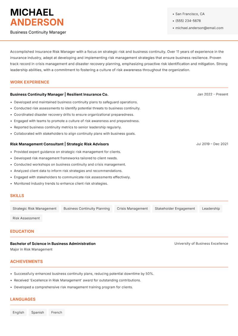 Insurance Risk Manager resume sample — Business Continuity Manager focus