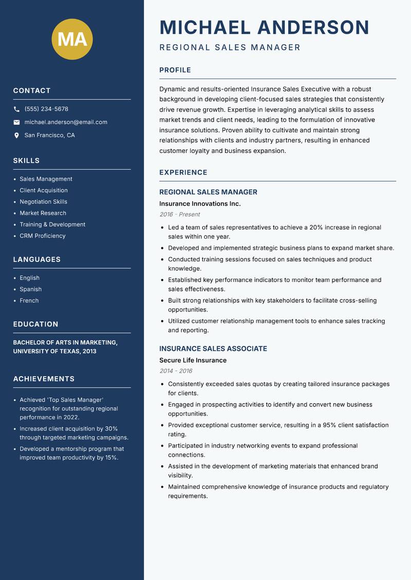 Insurance Sales Executive resume sample — Regional Sales Manager focus