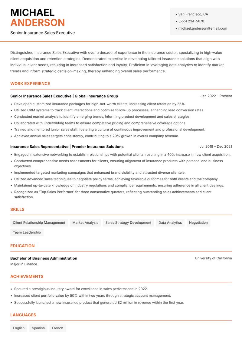 Insurance Sales Executive resume sample — Senior Insurance Sales Executive focus