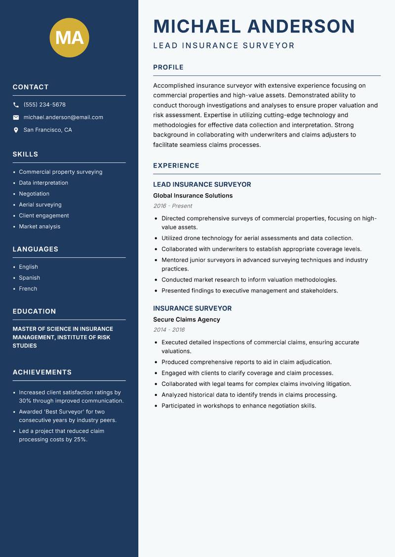 Insurance Surveyor resume sample — Lead Insurance Surveyor focus
