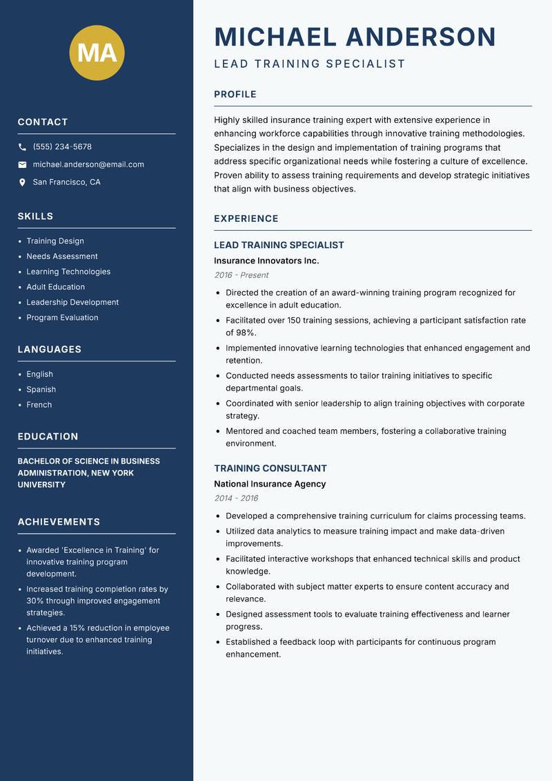 Insurance Trainer resume sample — Lead Training Specialist focus