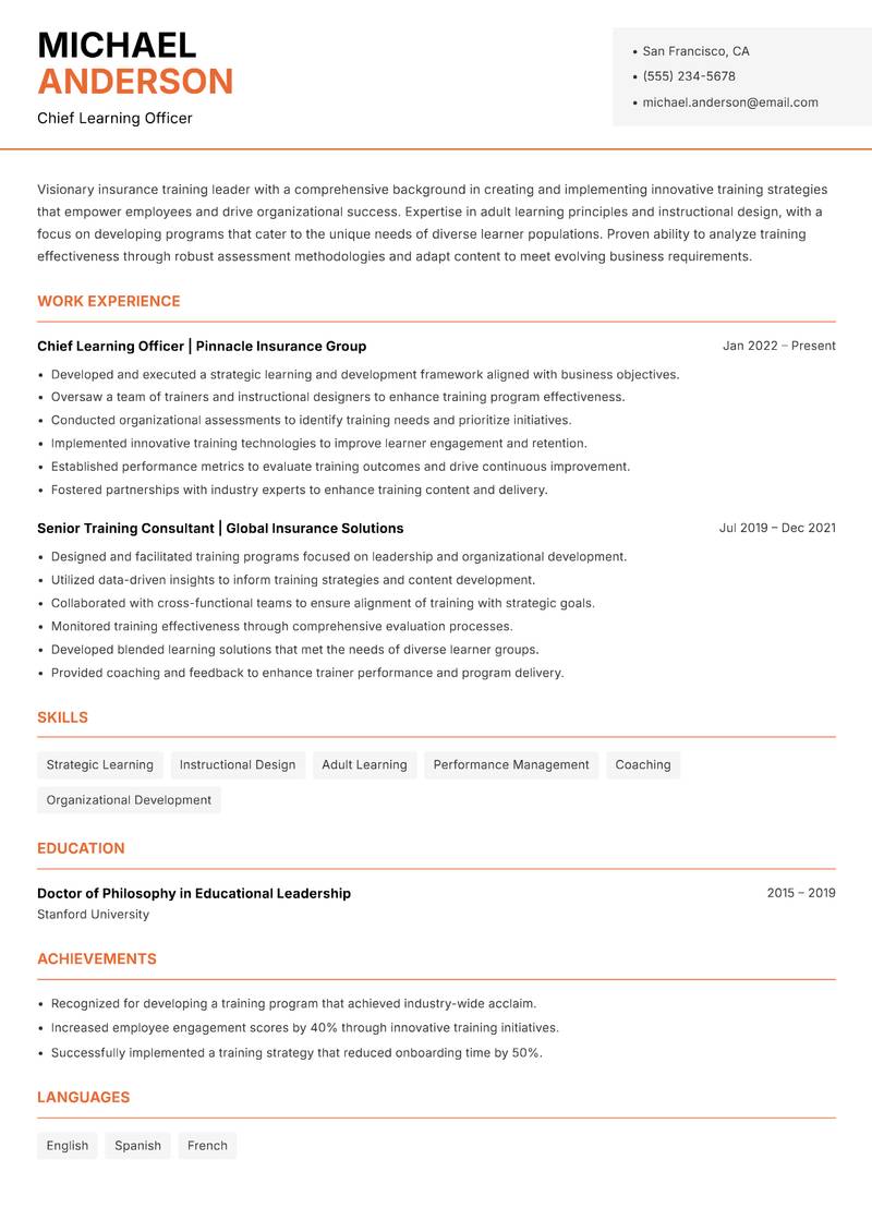Insurance Trainer resume sample — Chief Learning Officer focus