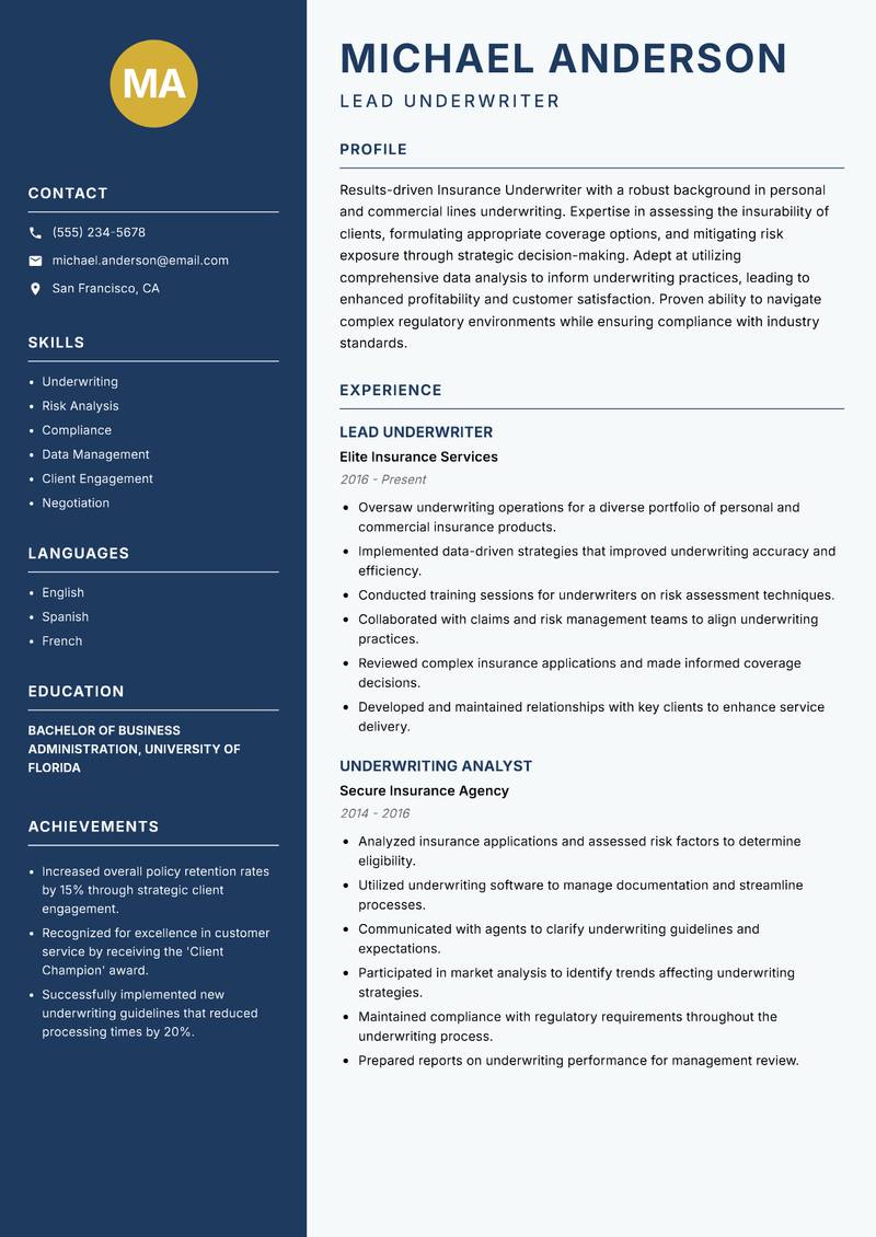 Insurance Underwriter resume sample — Lead Underwriter focus
