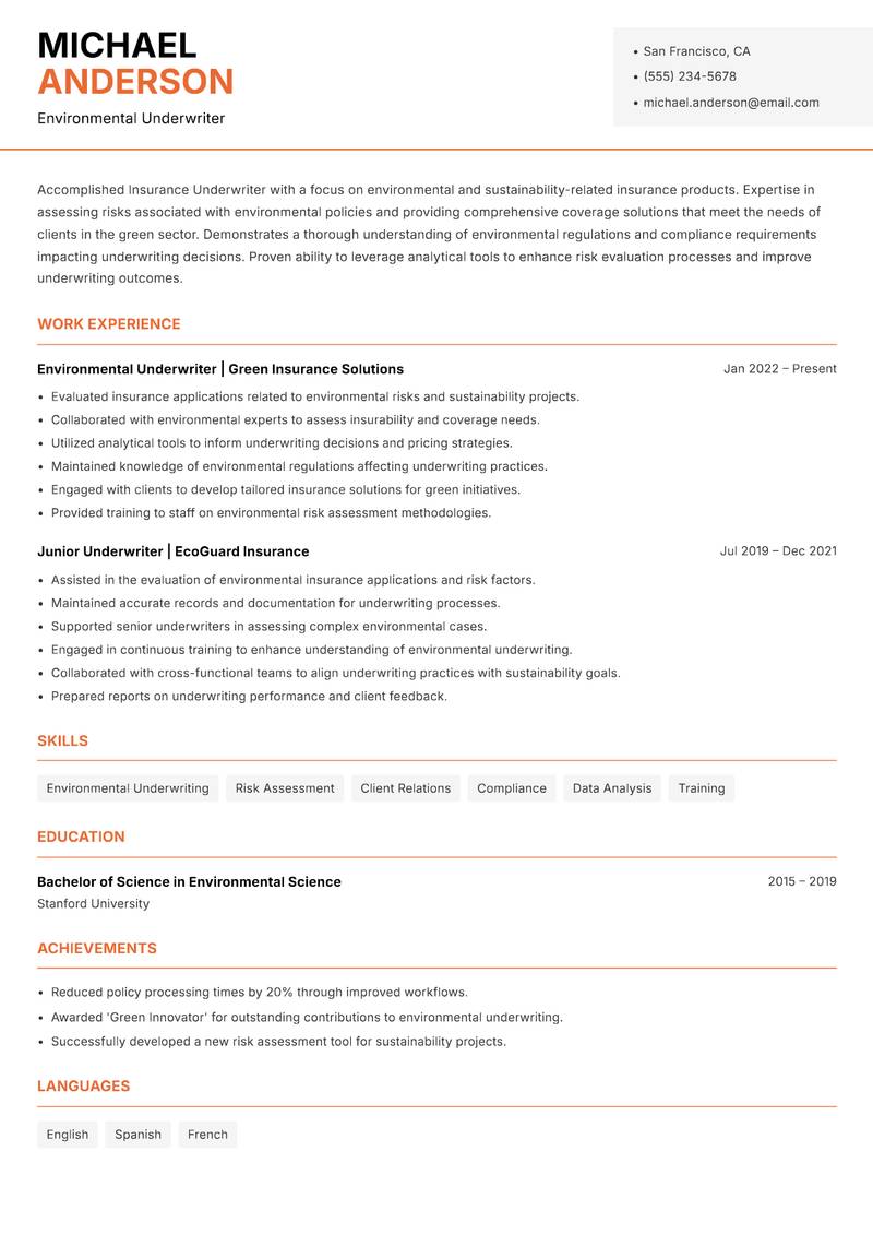 Insurance Underwriter resume sample — Environmental Underwriter focus