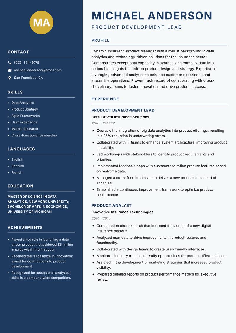 InsurTech Product Manager resume sample — Product Development Lead focus