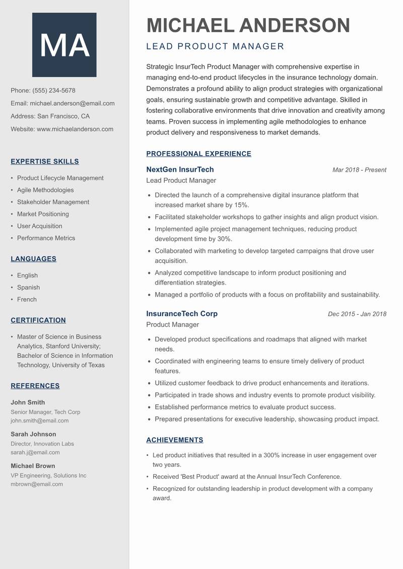 InsurTech Product Manager resume sample — Lead Product Manager focus