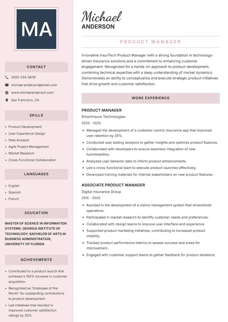 InsurTech Product Manager resume sample — Product Manager focus