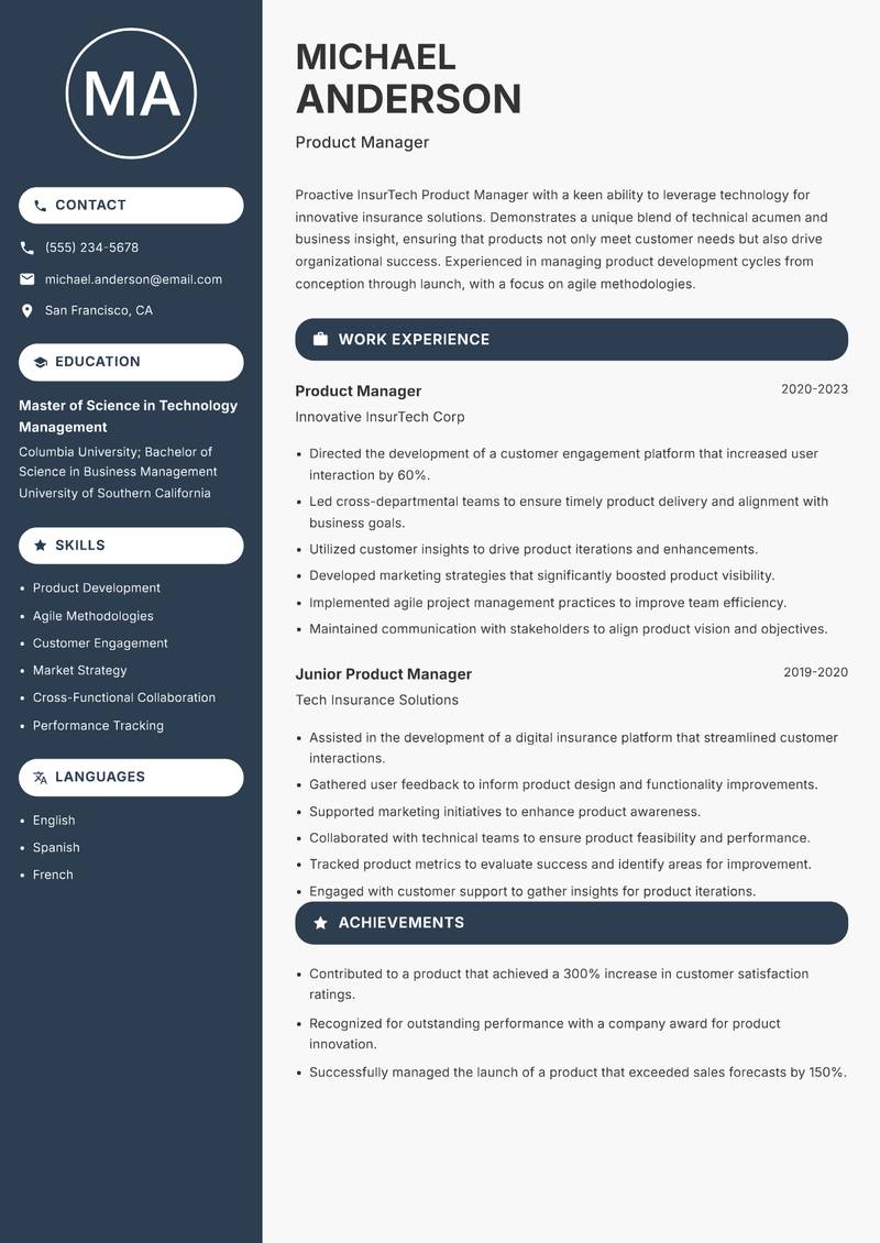 InsurTech Product Manager resume sample — Product Manager focus