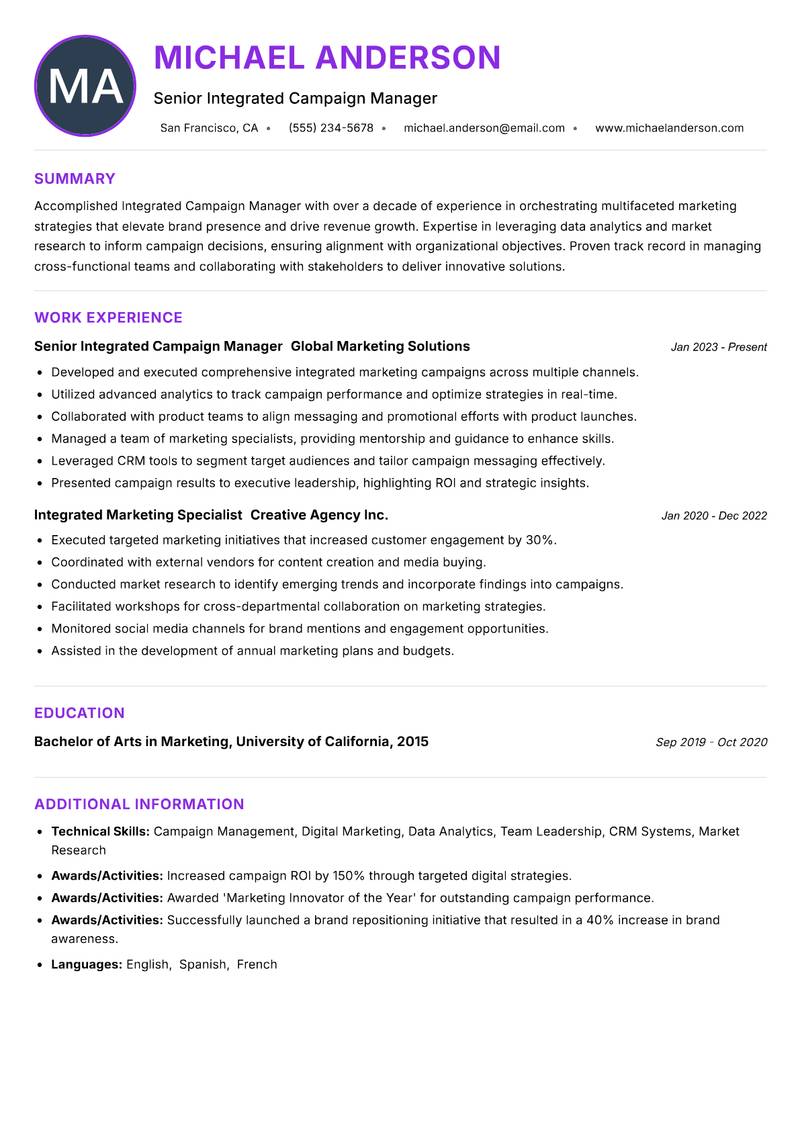 Integrated Campaign Manager resume example