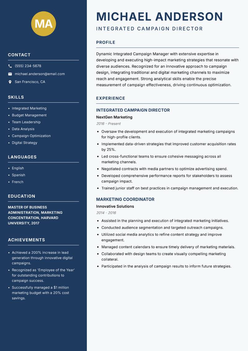 Integrated Campaign Manager resume sample — Integrated Campaign Director focus