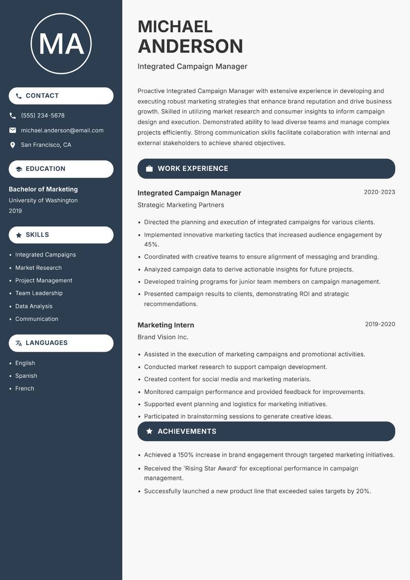 Integrated Campaign Manager resume sample — Integrated Campaign Manager focus