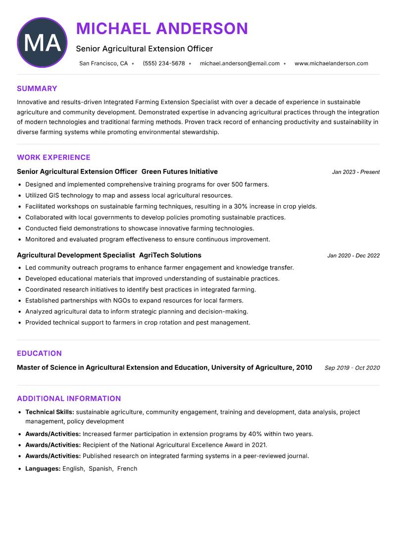 Integrated Farming Extension Specialist resume example