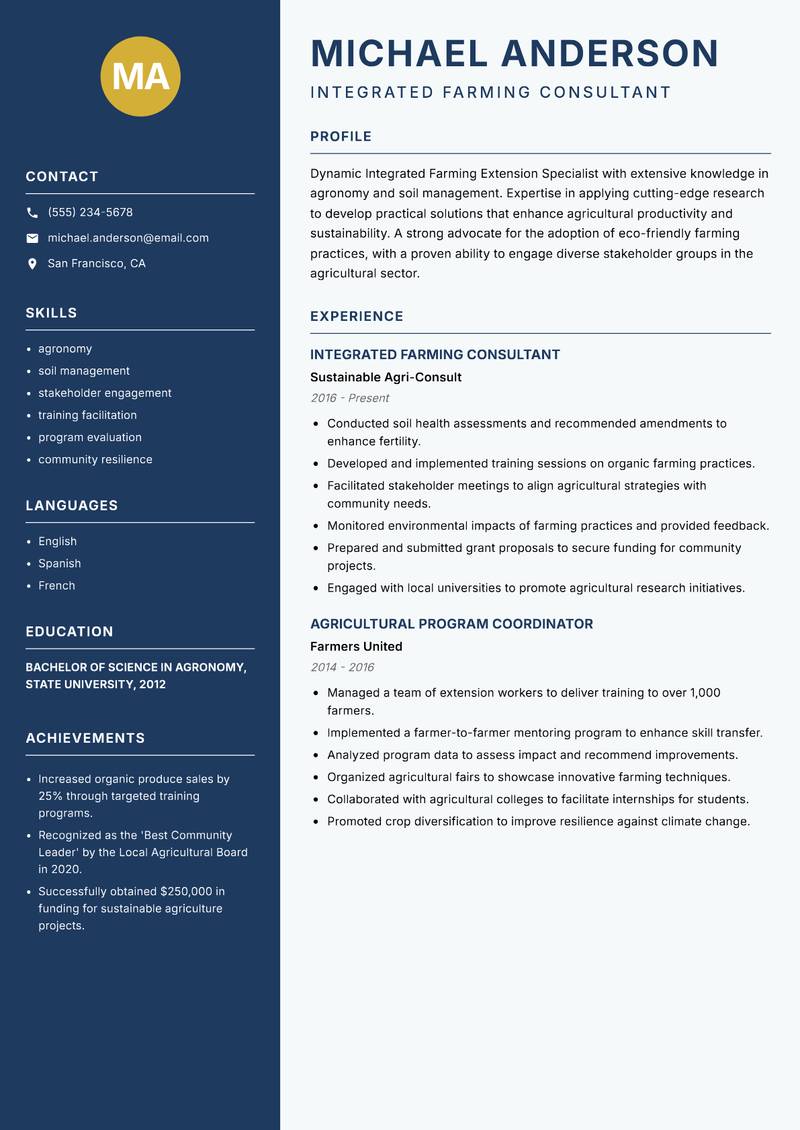 Integrated Farming Extension Specialist resume sample — Integrated Farming Consultant focus