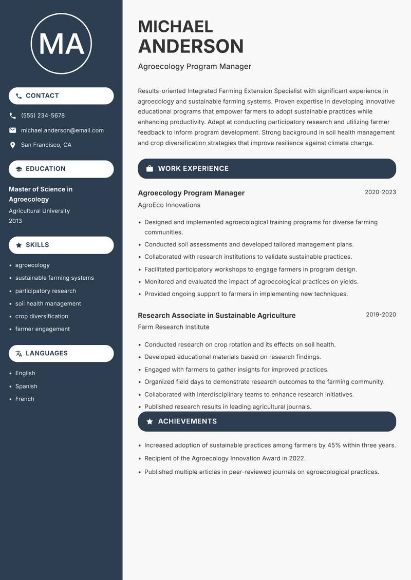 Integrated Farming Extension Specialist resume sample — Agroecology Program Manager focus