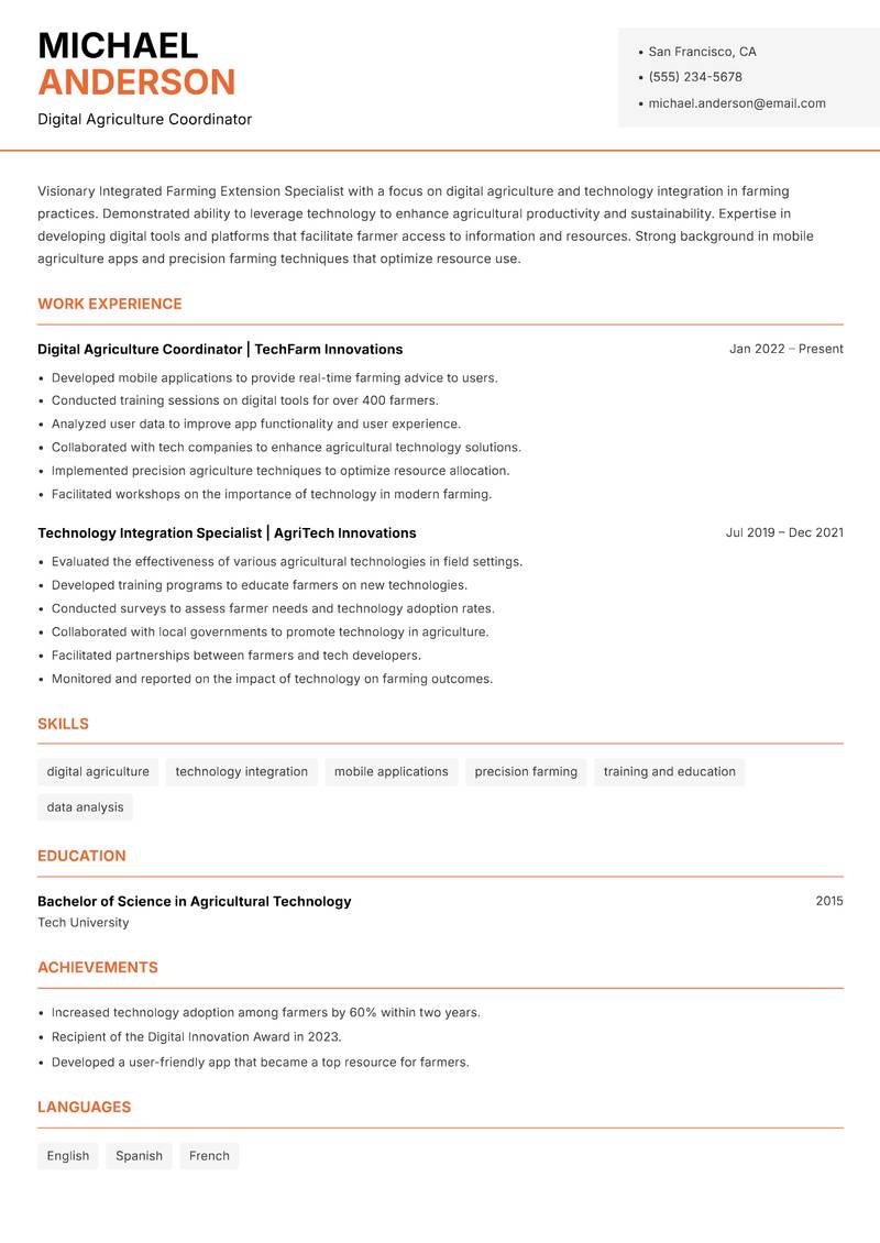 Integrated Farming Extension Specialist resume sample — Digital Agriculture Coordinator focus