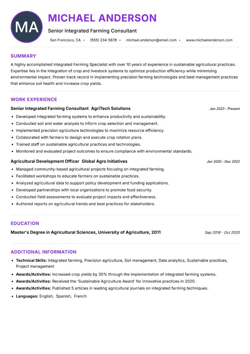 Integrated Farming Specialist resume example