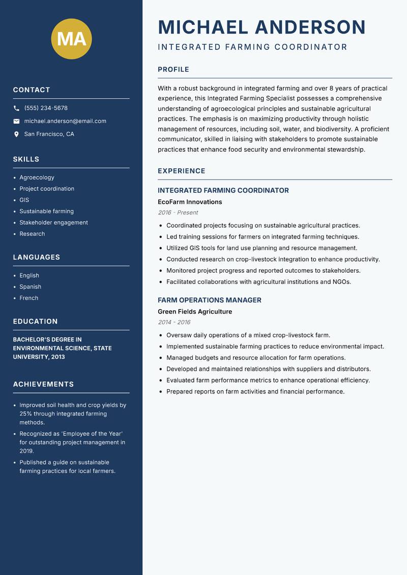 Integrated Farming Specialist resume sample — Integrated Farming Coordinator focus