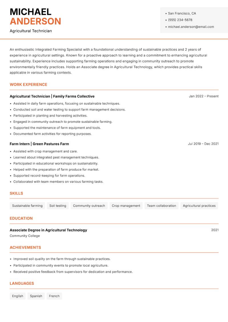 Integrated Farming Specialist resume sample — Agricultural Technician focus