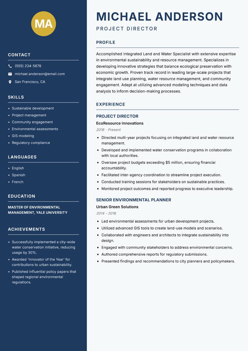 Integrated Land and Water Specialist resume sample — Project Director focus