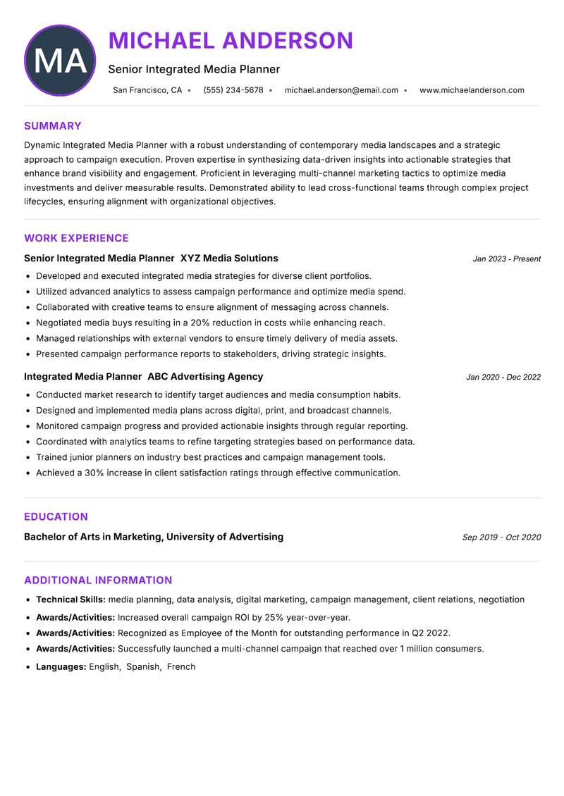 Integrated Media Planner resume example