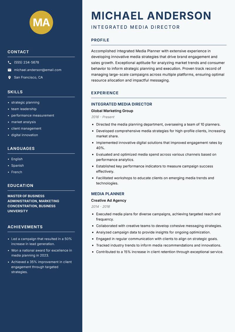 Integrated Media Planner resume sample — Integrated Media Director focus