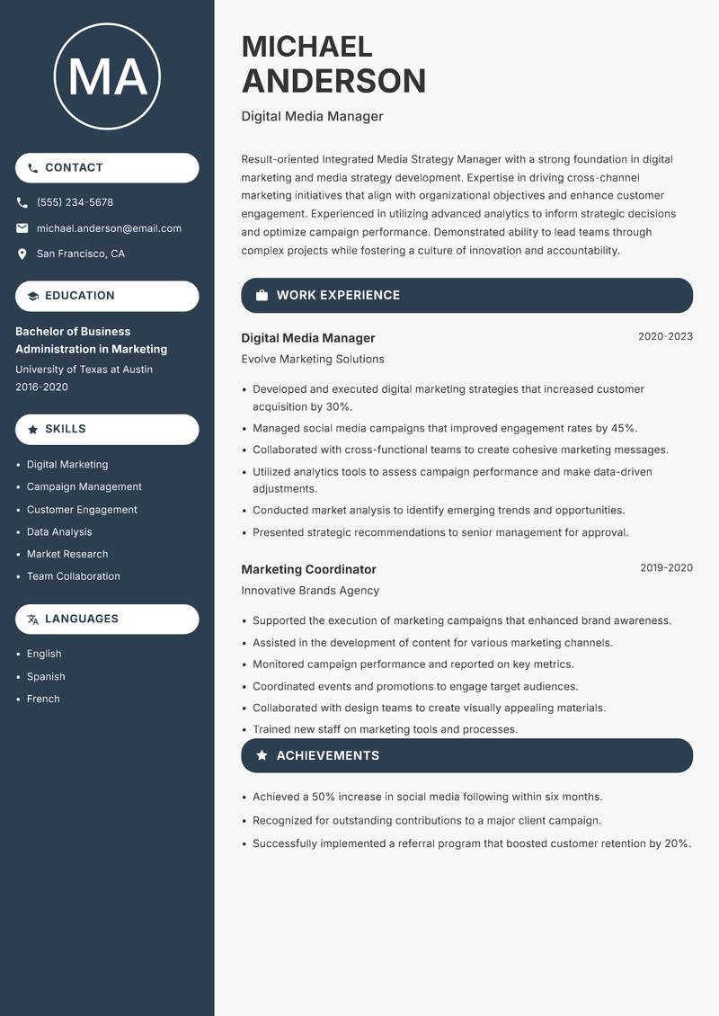 Integrated Media Strategy Manager resume sample — Digital Media Manager focus