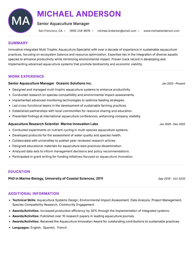 Integrated Multi Trophic Aquaculture Specialist resume example