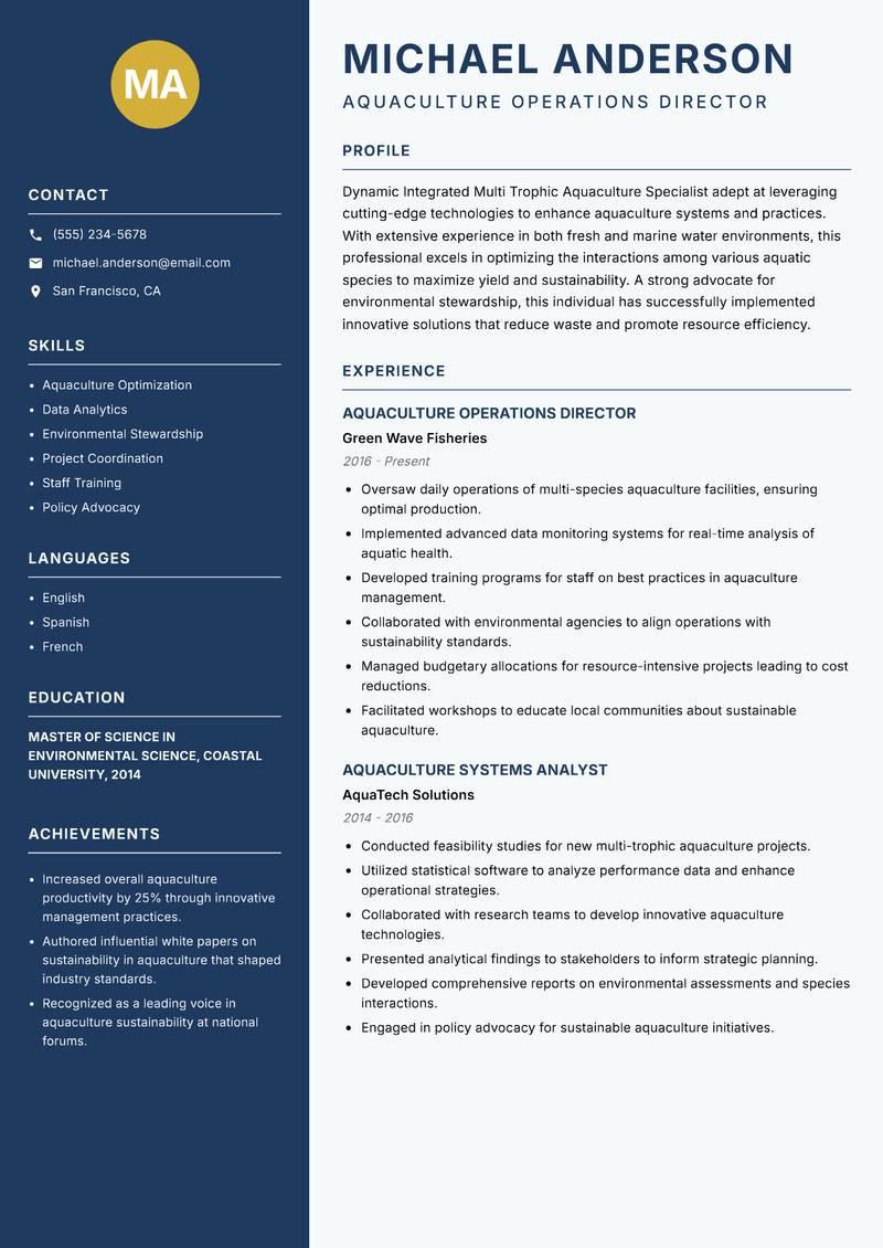 Integrated Multi Trophic Aquaculture Specialist resume sample — Aquaculture Operations Director focus