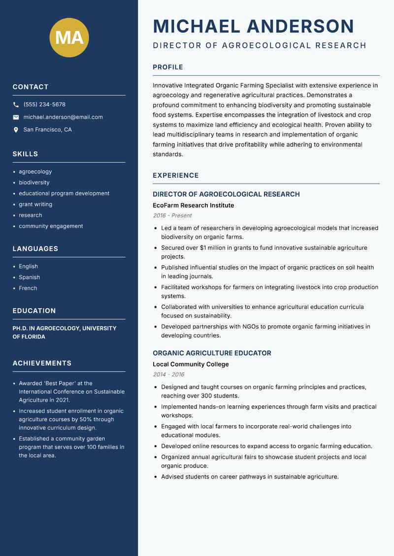 Integrated Organic Farming Specialist resume sample — Director of Agroecological Research focus