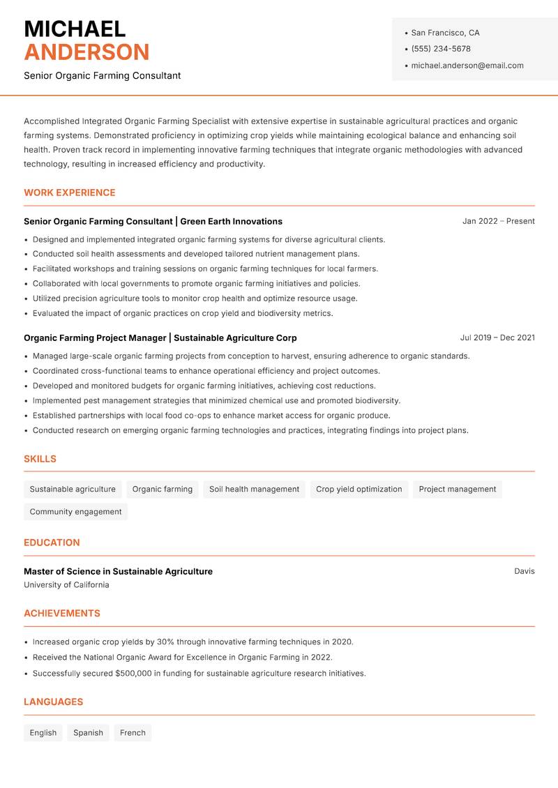 Integrated Organic Farming Specialist resume sample — Senior Organic Farming Consultant focus