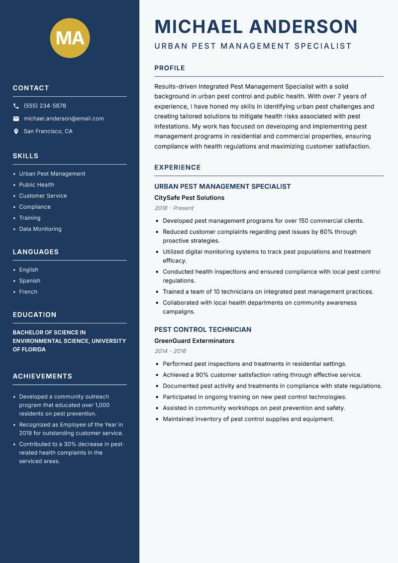 Integrated Pest Management Specialist resume sample — Urban Pest Management Specialist focus