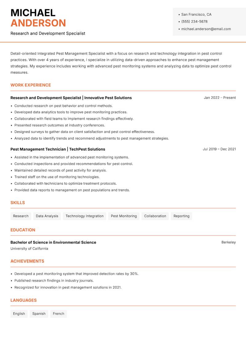 Integrated Pest Management Specialist resume sample — Research and Development Specialist focus