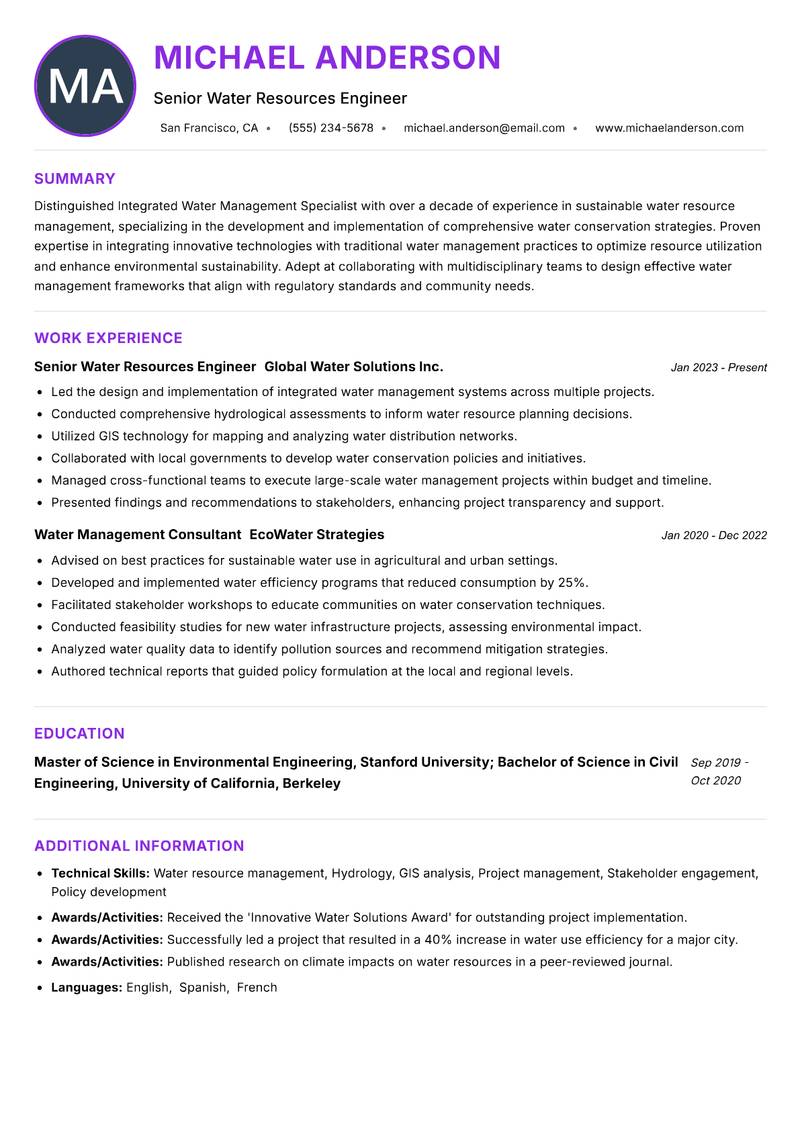 Integrated Water Management Specialist resume example