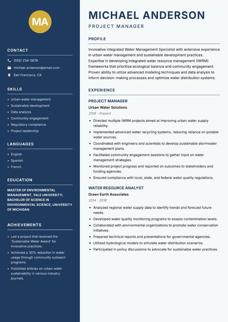 Integrated Water Management Specialist resume sample — Project Manager focus