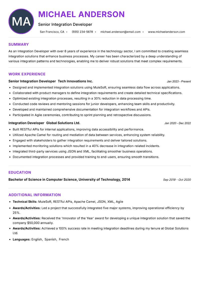 Integration Developer resume example