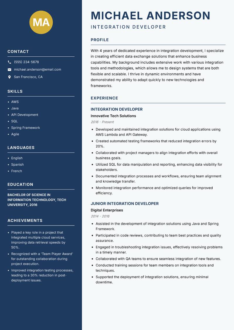 Integration Developer resume sample — Integration Developer focus
