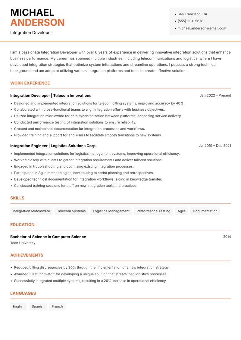 Integration Developer resume sample — Integration Developer focus