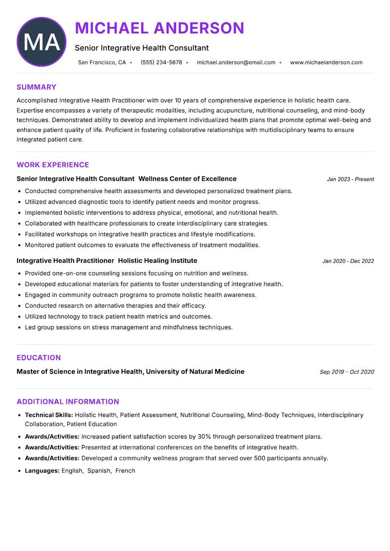 Integrative Health Practitioner resume example