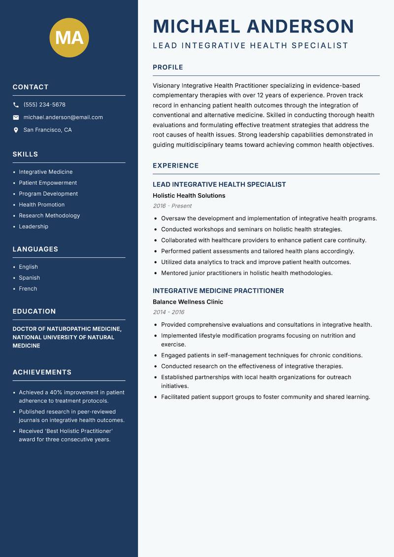 Integrative Health Practitioner resume sample — Lead Integrative Health Specialist focus