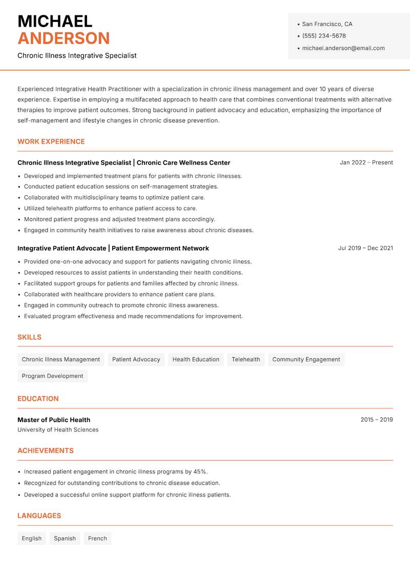 Integrative Health Practitioner resume sample — Chronic Illness Integrative Specialist focus