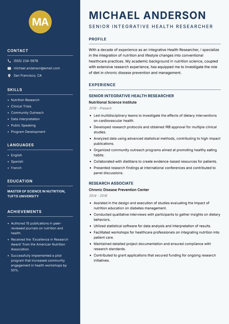 Integrative Health Researcher resume sample — Senior Integrative Health Researcher focus