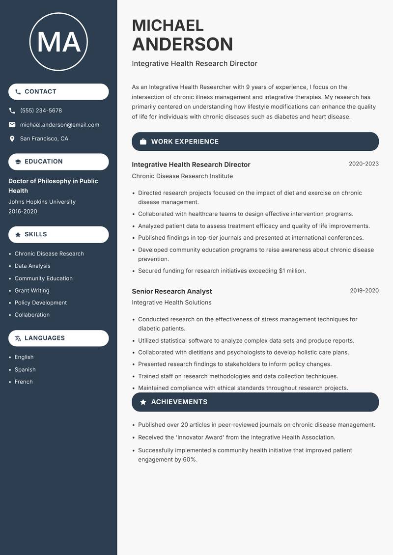 Integrative Health Researcher resume sample — Integrative Health Research Director focus