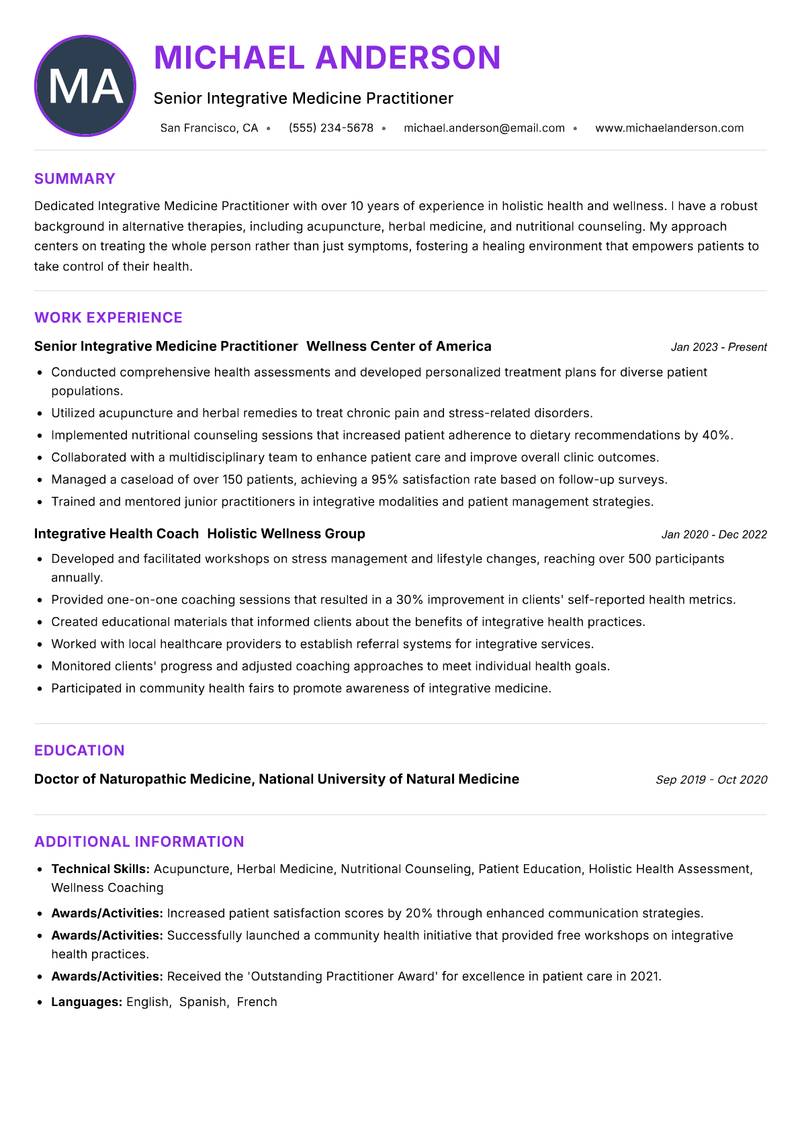 Integrative Medicine Practitioner resume example