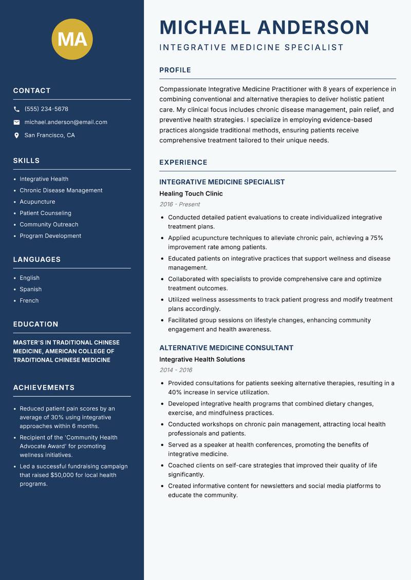 Integrative Medicine Practitioner resume sample — Integrative Medicine Specialist focus