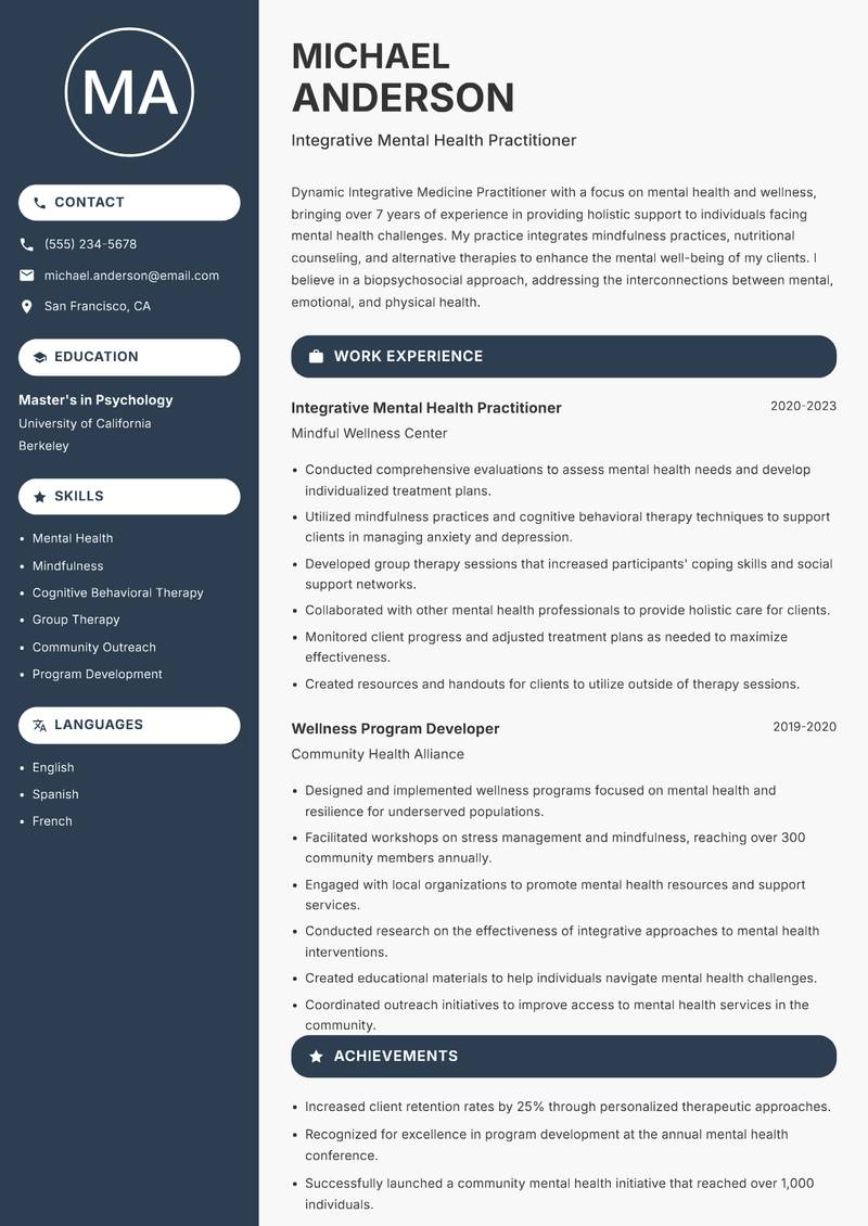 Integrative Medicine Practitioner resume sample — Integrative Mental Health Practitioner focus
