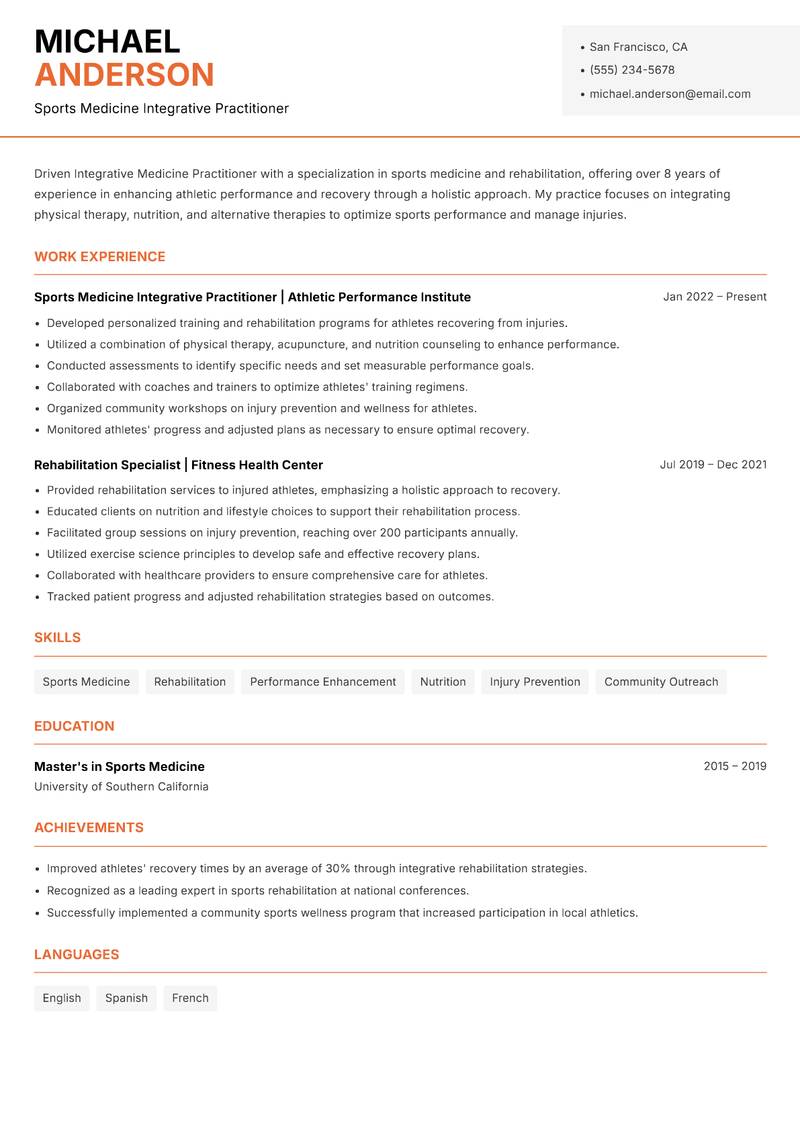 Integrative Medicine Practitioner resume sample — Sports Medicine Integrative Practitioner focus