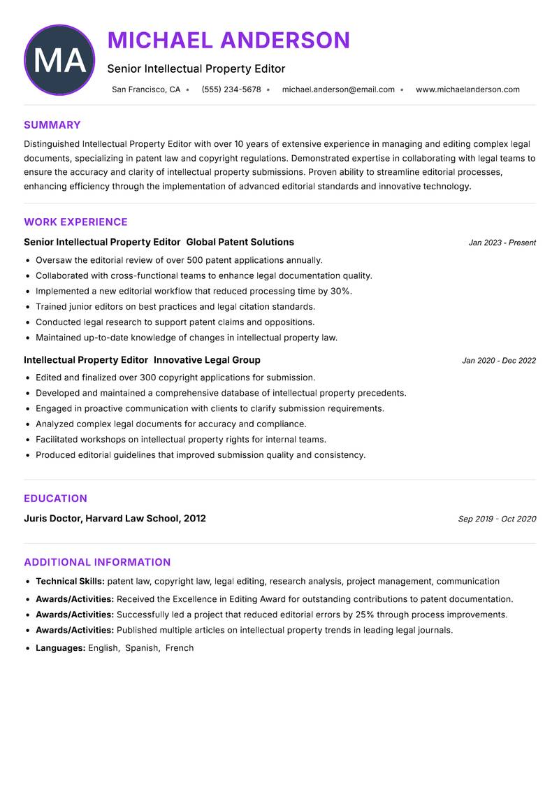 Intellectual Property Editor resume example