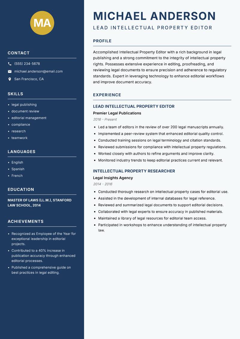 Intellectual Property Editor resume sample — Lead Intellectual Property Editor focus