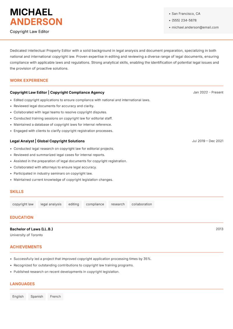 Intellectual Property Editor resume sample — Copyright Law Editor focus