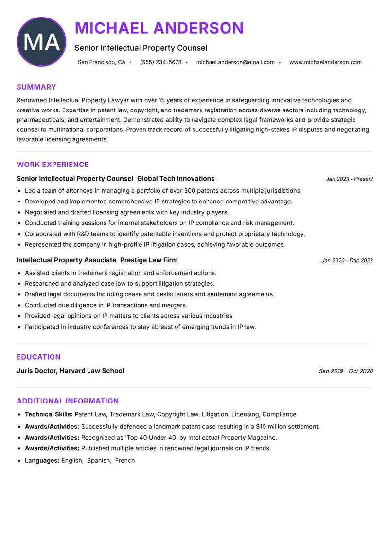 Intellectual Property Lawyer resume example